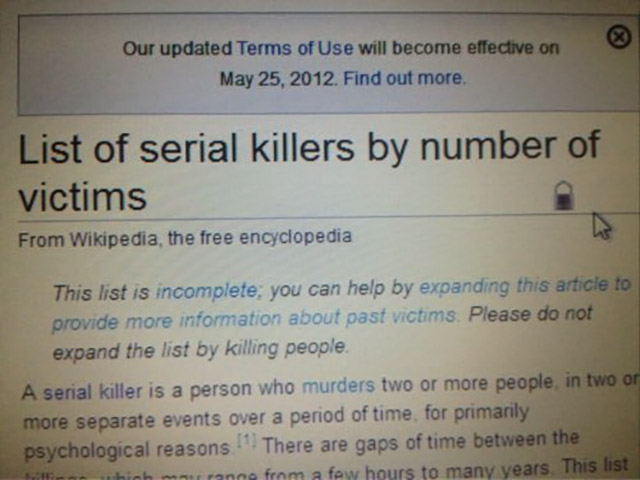 document - Our updated Terms of Use will become effective on . Find out more. List of serial killers by number of victims From Wikipedia, the free encyclopedia This list is incomplete, you can help by expanding this article to provide more information abo