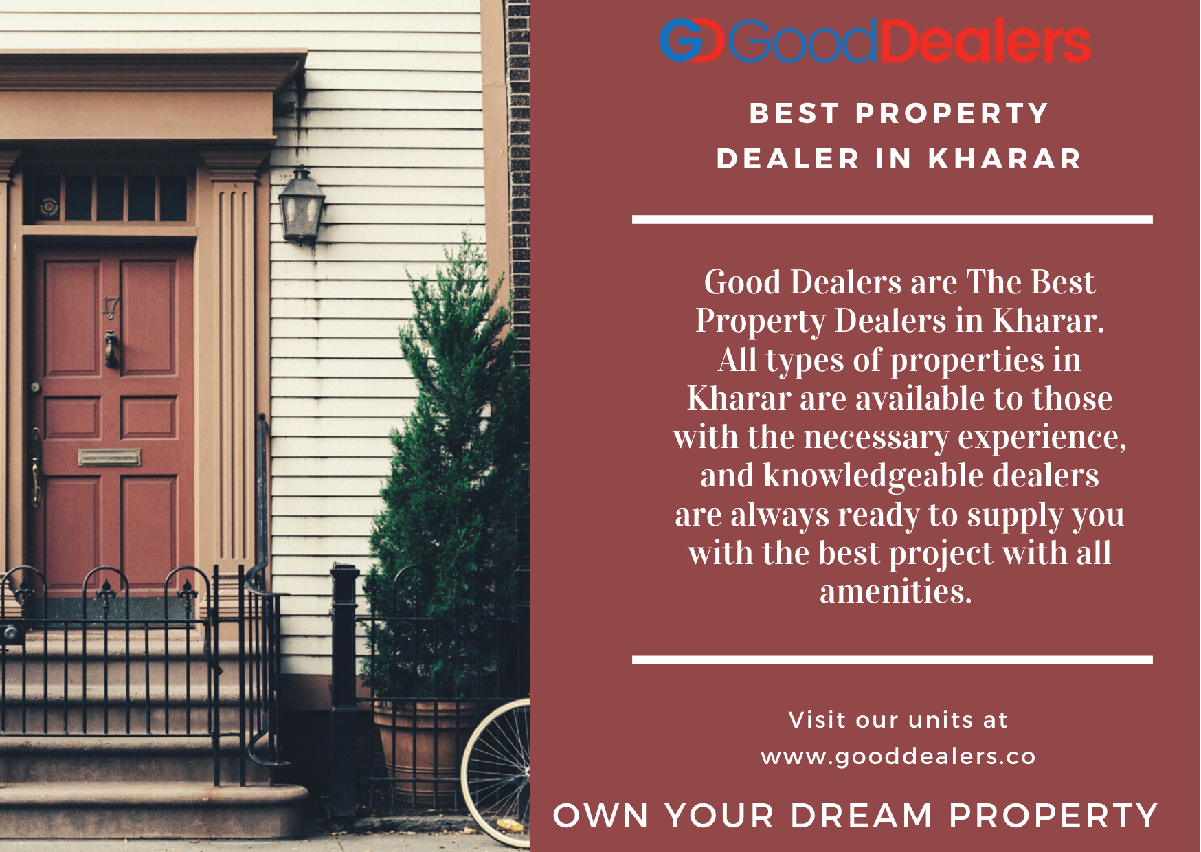 Good Dealers are The Best Property Dealers in Kharar. All types of properties in Kharar are available to those with the necessary experience, and knowledgeable dealers are always ready to supply you with the best project with all amenities. Please visit our website for further information. https://bit.ly/3HxCp3z