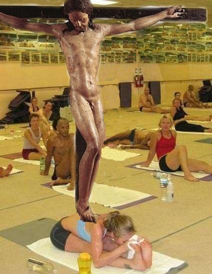 Jesus saves this woman from a painful hamstring pull by helping her stretch. 