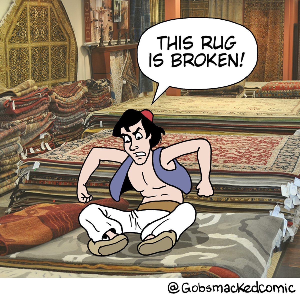 Aladin tries a rug in a rug store