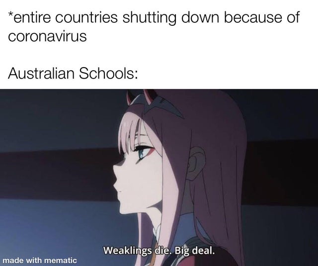 weaklings die big deal - entire countries shutting down because of coronavirus Australian Schools Weaklings die. Big deal. made with mematic