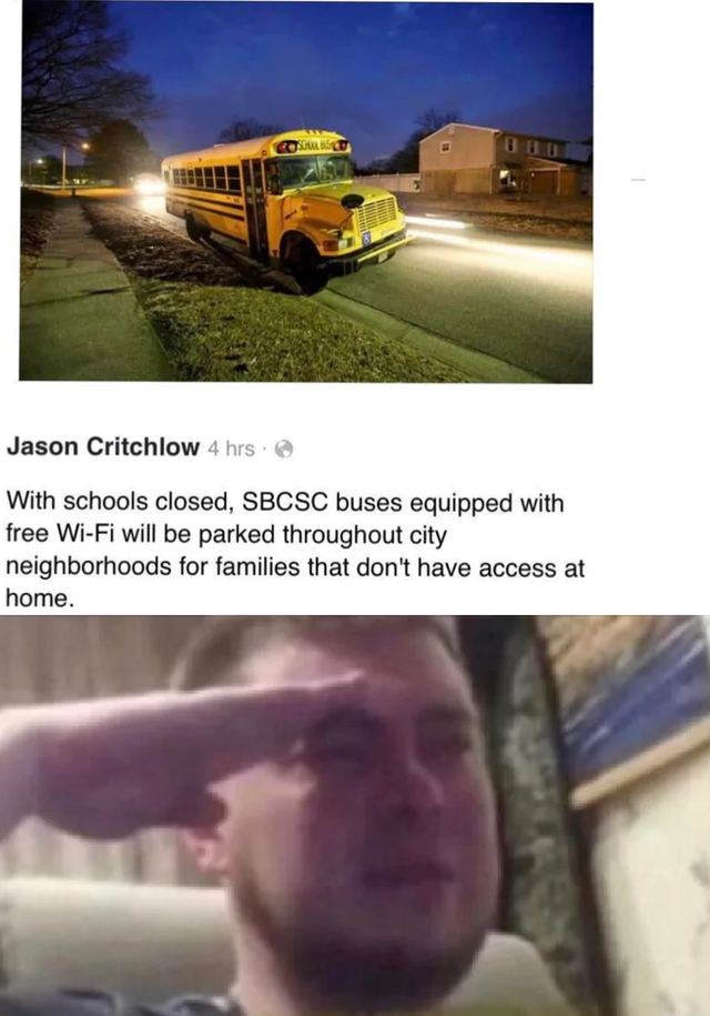 stan lee salute meme - Jason Critchlow 4hrs With schools closed, Sbcsc buses equipped with free WiFi will be parked throughout city neighborhoods for families that don't have access at home.