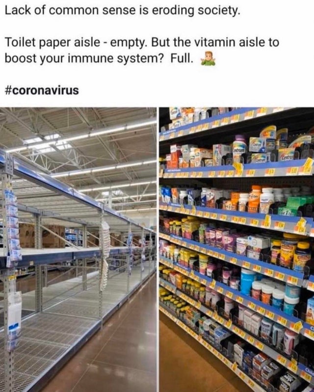 inventory - Lack of common sense is eroding society. Toilet paper aisle empty. But the vitamin aisle to boost your immune system? Full.se