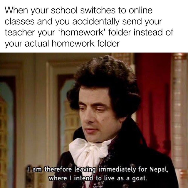 blackadder meme - When your school switches to online classes and you accidentally send your teacher your homework' folder instead of your actual homework folder I am therefore leaving immediately for Nepal, where I intend to live as a goat.