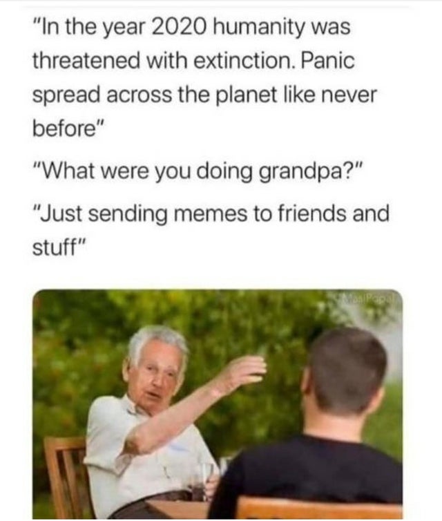 best old school memes - "In the year 2020 humanity was threatened with extinction. Panic spread across the planet never before" "What were you doing grandpa?" "Just sending memes to friends and stuff"