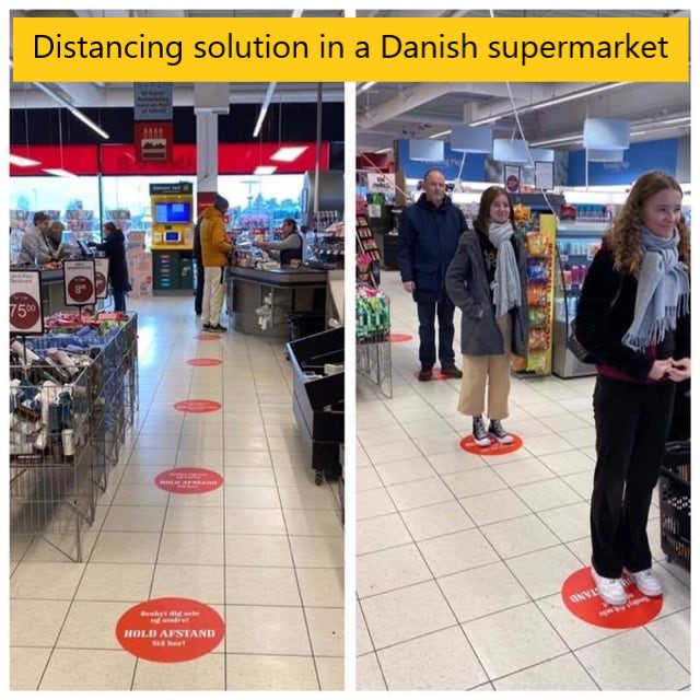 Coronavirus - Distancing solution in a Danish supermarket Hold Afstand