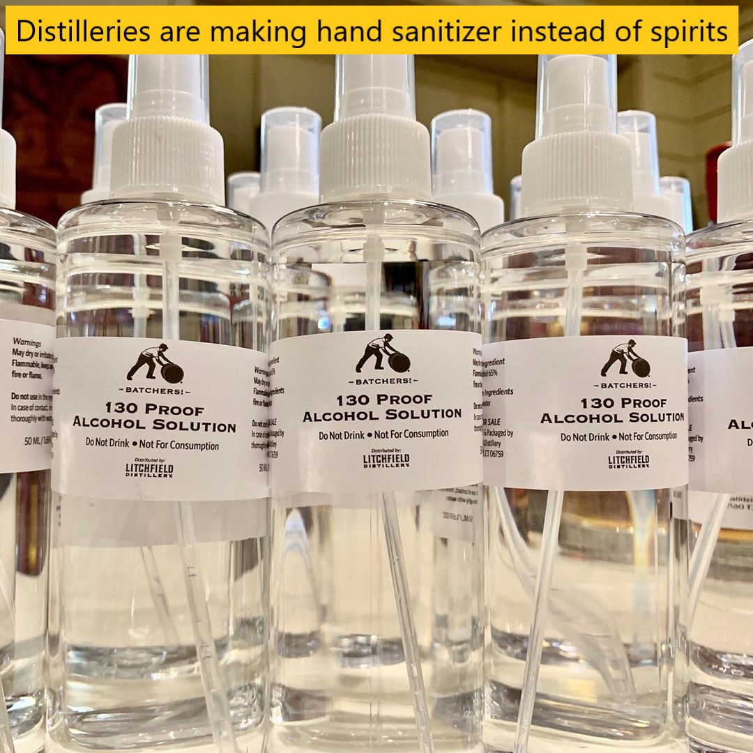 glass bottle - Distilleries are making hand sanitizer instead of spirits Warnings May dry or in Flammable, le fire or flame Wong Mabu regredient Pad 65% farh Ingredients Farajalets dents Do not use in the In case of contacta thoroughlyte 50ML10 Batchers! 