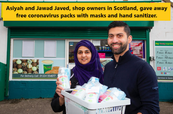 Hand sanitizer - Asiyah and Jawad Javed, shop owners in Scotland, gave away free coronavirus packs with masks and hand sanitizer. 7 710 76 For Delivery Call 01324 554077 Serveis Store