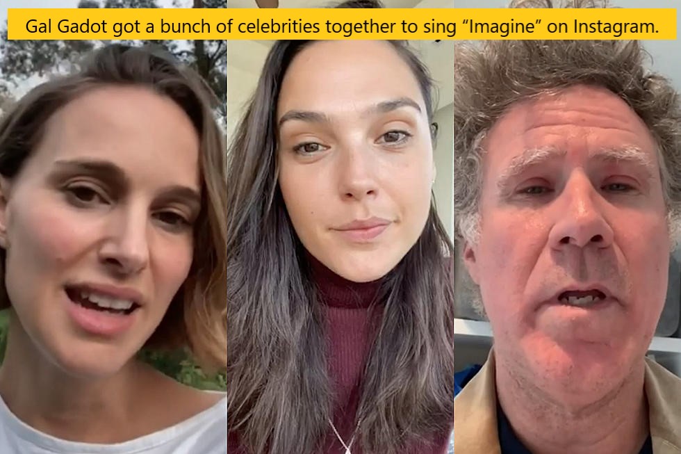 selfie - Gal Gadot got a bunch of celebrities together to sing "Imagine" on Instagram.