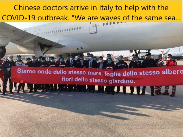 airline - Chinese doctors arrive in Italy to help with the Covid19 outbreak. "We are waves of the same sea... Siamo onde dello stesso mare, foglie dello stesso fiori dello stesso giardino.