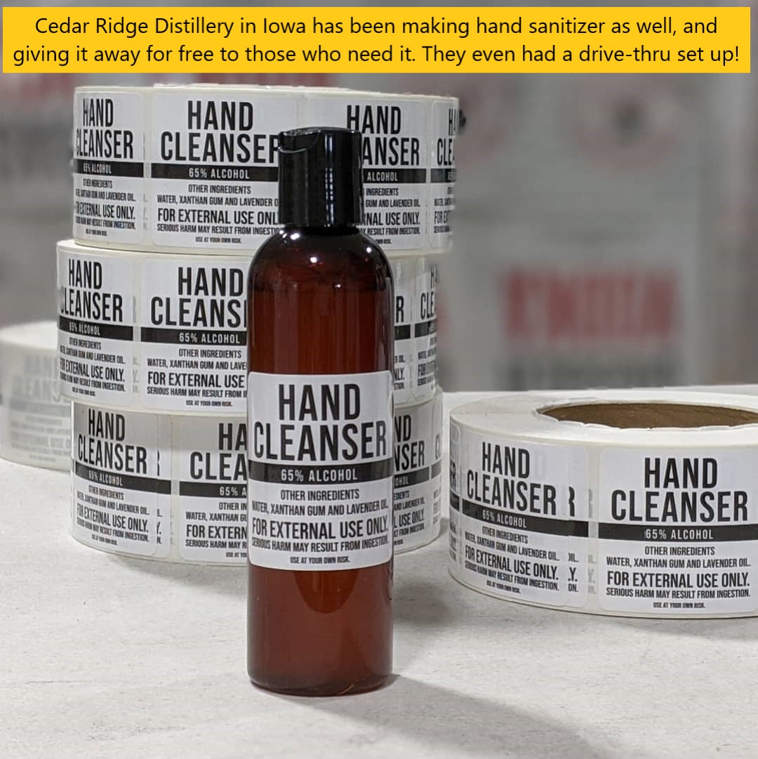 bottle - Cedar Ridge Distillery in lowa has been making hand sanitizer as well, and giving it away for free to those who need it. They even had a drivethru set up! Hand Hand Xeanser Cleansel Hand Anser Cle Ir Ilcohol 65% Alcohol Other Ingredients Line, Il