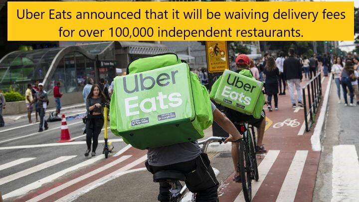 Uber Eats announced that it will be waiving delivery fees for over 100,000 independent restaurants. Uber Uber Eats Eats