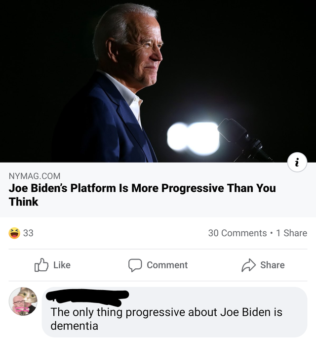photo caption - Nymag.Com Joe Biden's Platform Is More Progressive Than You Think 33 30 1 Comment The only thing progressive about Joe Biden is dementia
