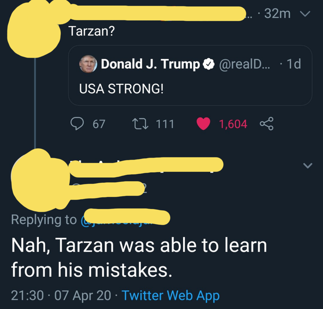material - ... 32mv Tarzan? ... 1d Donald J. Trump Usa Strong! '9 67 22 111 1,604 Lud Nah, Tarzan was able to learn from his mistakes. 07 Apr 20 Twitter Web App