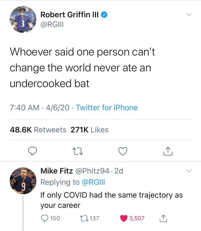 stipe miocic joey diaz - Robert Griffin Iii Whoever said one person can't change the world never ate an undercooked bat 4620 Twitter for iPhone Mike Fitz .2d If only Covid had the same trajectory as your career Q 150 C2137 3,507