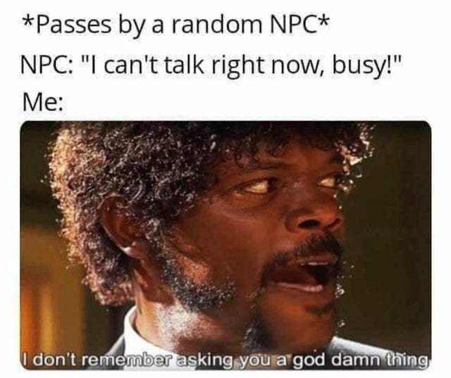 dont remember asking you a goddamn thing - Passes by a random Npc Npc "I can't talk right now, busy!" Me I don't remember asking you a god damn thing