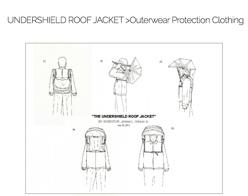line art - Undershield Roof Jacket >Outerwear Protection Clothing "The Undershield Roof Jacket" By Inventor Jimmie L. Gibson Jr.