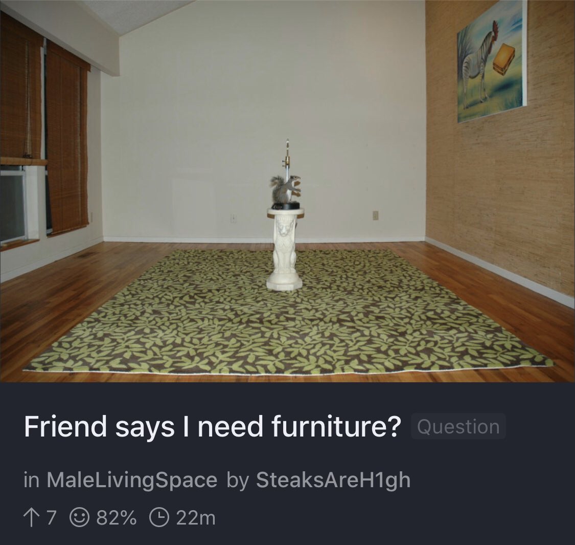 floor - Friend says I need furniture? Question in MaleLivingSpace by SteaksAreHigh 17 82% 22m