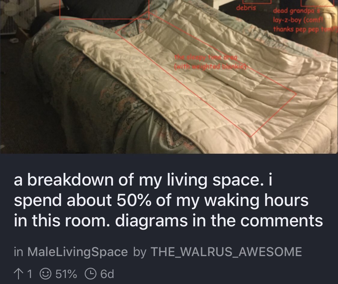 photo caption - debris dead grandpa's layzboy comf! thanks pep pep to with hted banke a breakdown of my living space. i spend about 50% of my waking hours in this room. diagrams in the in MaleLivingSpace by THE_WALRUS_AWESOME 1 1 51% od