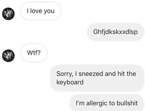 communication - I love you Ghfjdkskxxdlsp Wtf? Sorry, I sneezed and hit the keyboard I'm allergic to bullshit
