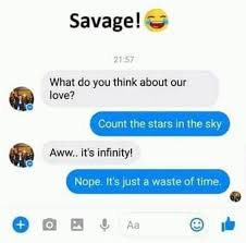 text funny roasts - Savage! What do you think about our love? Count the stars in the sky Aww.. it's infinity! Nope. It's just a waste of time