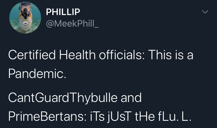 Phillip Phillip Certified Health officials This is a Pandemic. CantGuardThybulle and PrimeBertans iTs jusT tHe flu. L.
