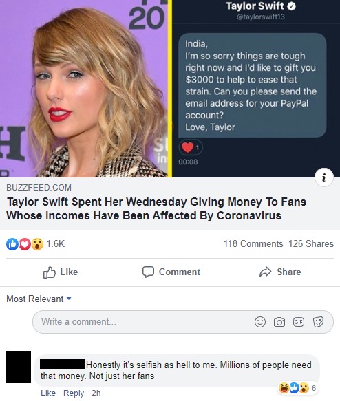super entitled people - utah - Taylor Swift India, I'm so sorry things are tough right now and I'd to gift you $3000 to help to ease that strain. Can you please send the email address for your PayPal account? Love, Taylor Buzzfeed.Com Taylor Swift Spent H