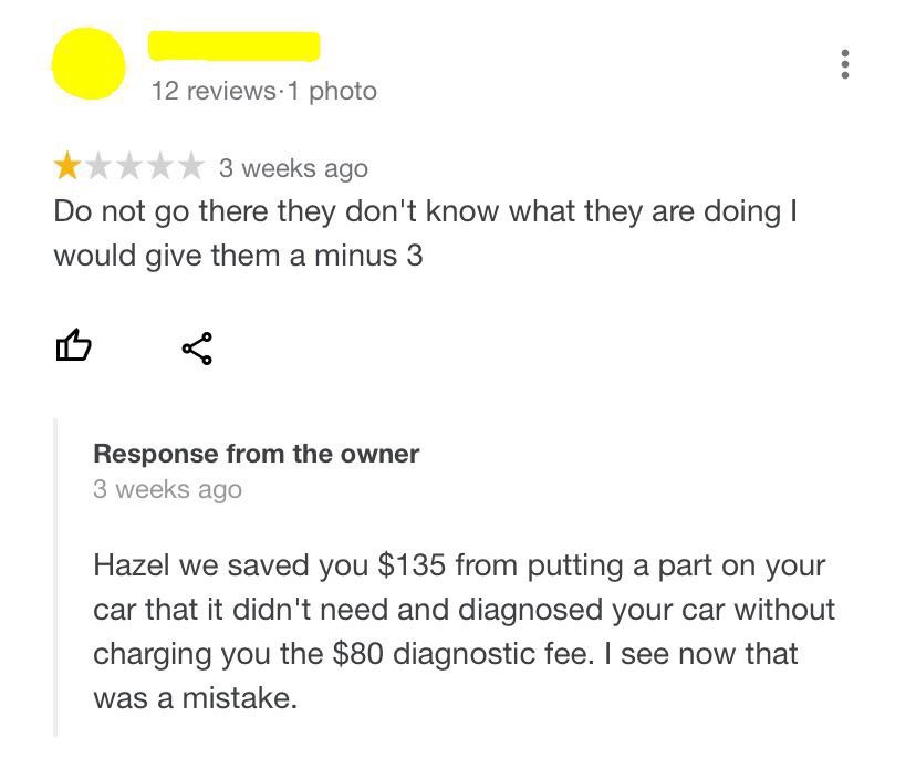 super entitled people - document - 12 reviews. 1 photo 3 weeks ago Do not go there they don't know what they are doing | would give them a minus 3 Response from the owner 3 weeks ago Hazel we saved you $135 from putting a part on your car that it didn't n