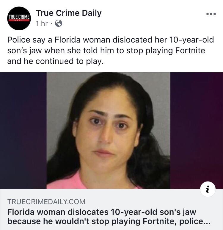 jaw - True Crime True Crime Daily 1 hr. Police say a Florida woman dislocated her 10yearold son's jaw when she told him to stop playing Fortnite and he continued to play. Truecrimedaily.Com Florida woman dislocates 10yearold son's jaw because he wouldn't 