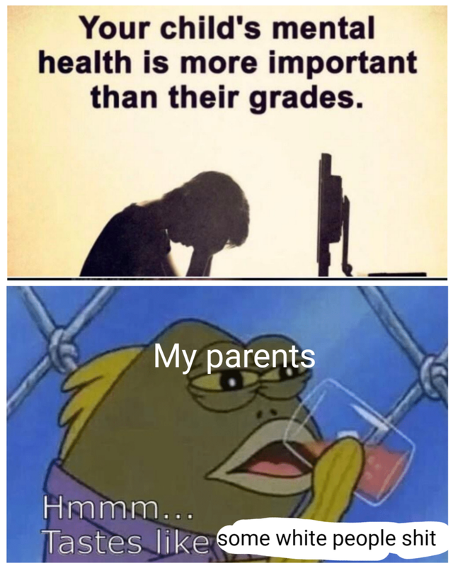 your child's mental health is more important than their grades meme - Your child's mental health is more important than their grades. My parents Hmmm... Tastes some white people shit