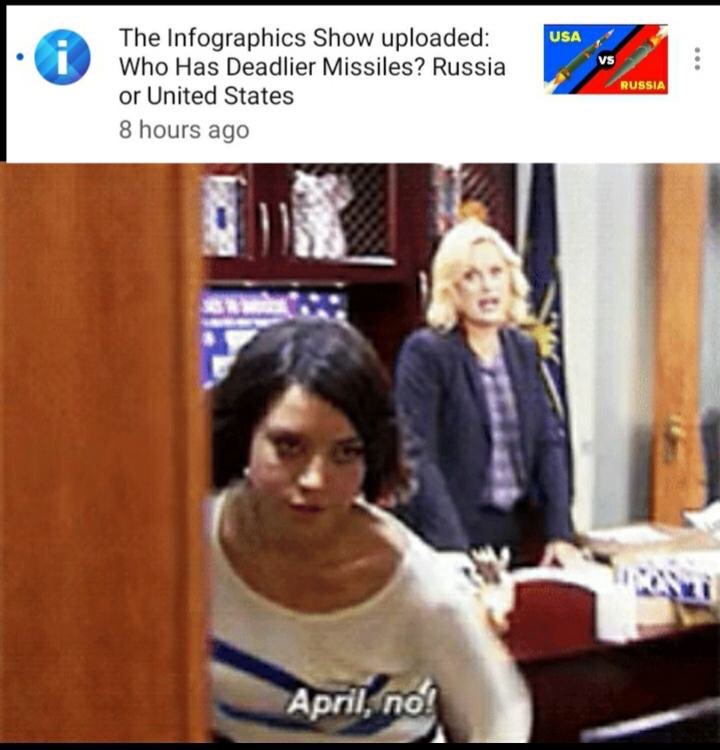 April Ludgate - Usa The Infographics Show uploaded Who Has Deadlier Missiles? Russia or United States 8 hours ago Russia April, no!
