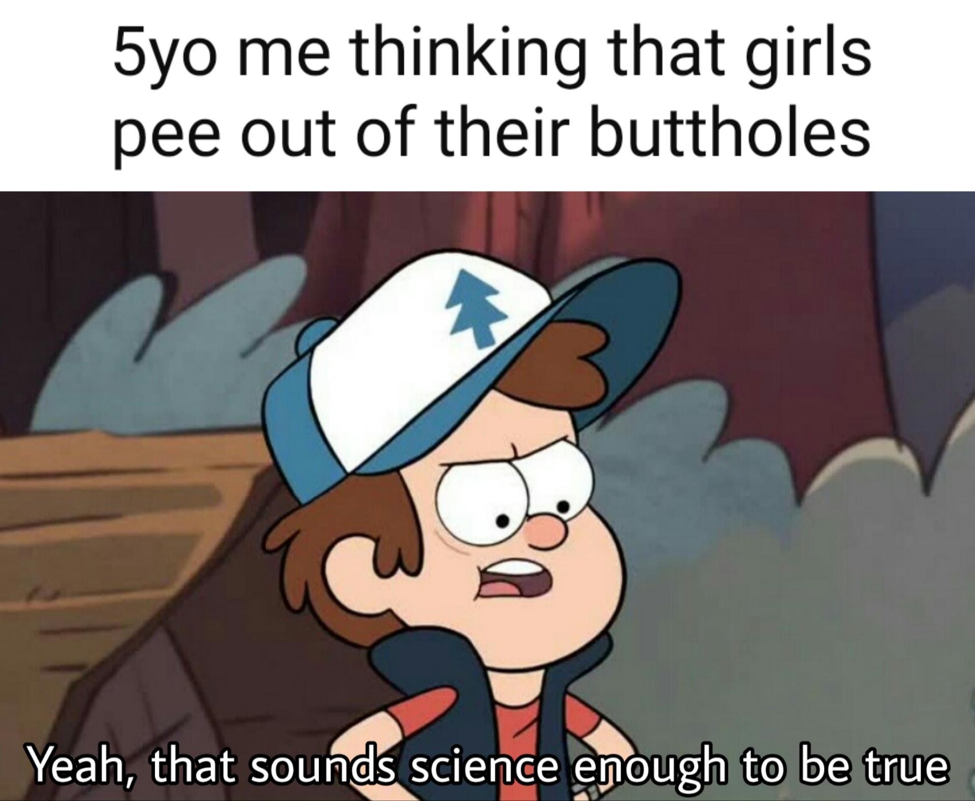 funny memes - cartoon - 5yo me thinking that girls pee out of their buttholes Yeah, that sounds science enough to be true