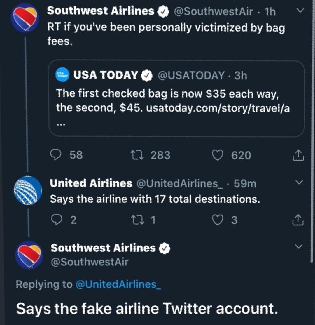 attica bank - v Southwest Airlines . 1h Rt if you've been personally victimized by bag fees. Usa Today . 3h The first checked bag is now $35 each way, the second, $45. usatoday.comstorytravela 582 283 620 United Airlines Airlines 59m Says the airline with
