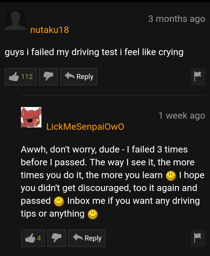 screenshot - 3 months ago nutaku18 guys i failed my driving test i feel crying 112 1 week ago LickMeSenpaiowo Awwh, don't worry, dude I failed 3 times before I passed. The way I see it, the more times you do it, the more you learn I hope you didn't get di