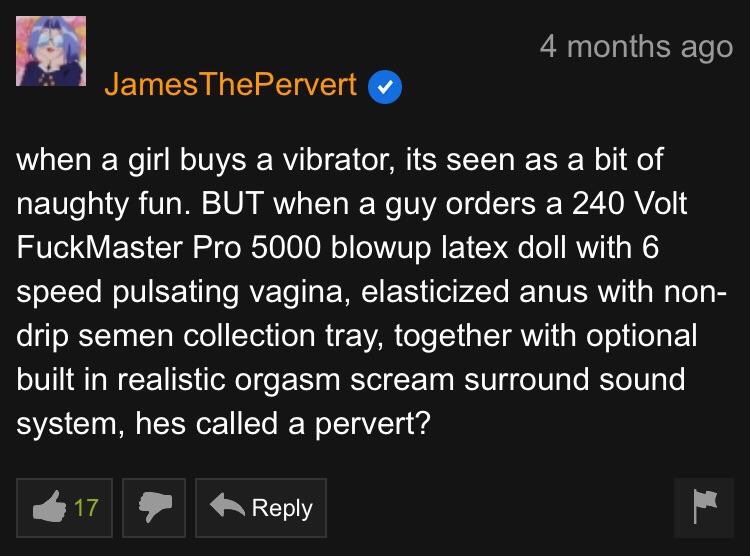 screenshot - 4 months ago James ThePervert when a girl buys a vibrator, its seen as a bit of naughty fun. But when a guy orders a 240 Volt FuckMaster Pro 5000 blowup latex doll with 6 speed pulsating vagina, elasticized anus with non drip semen collection