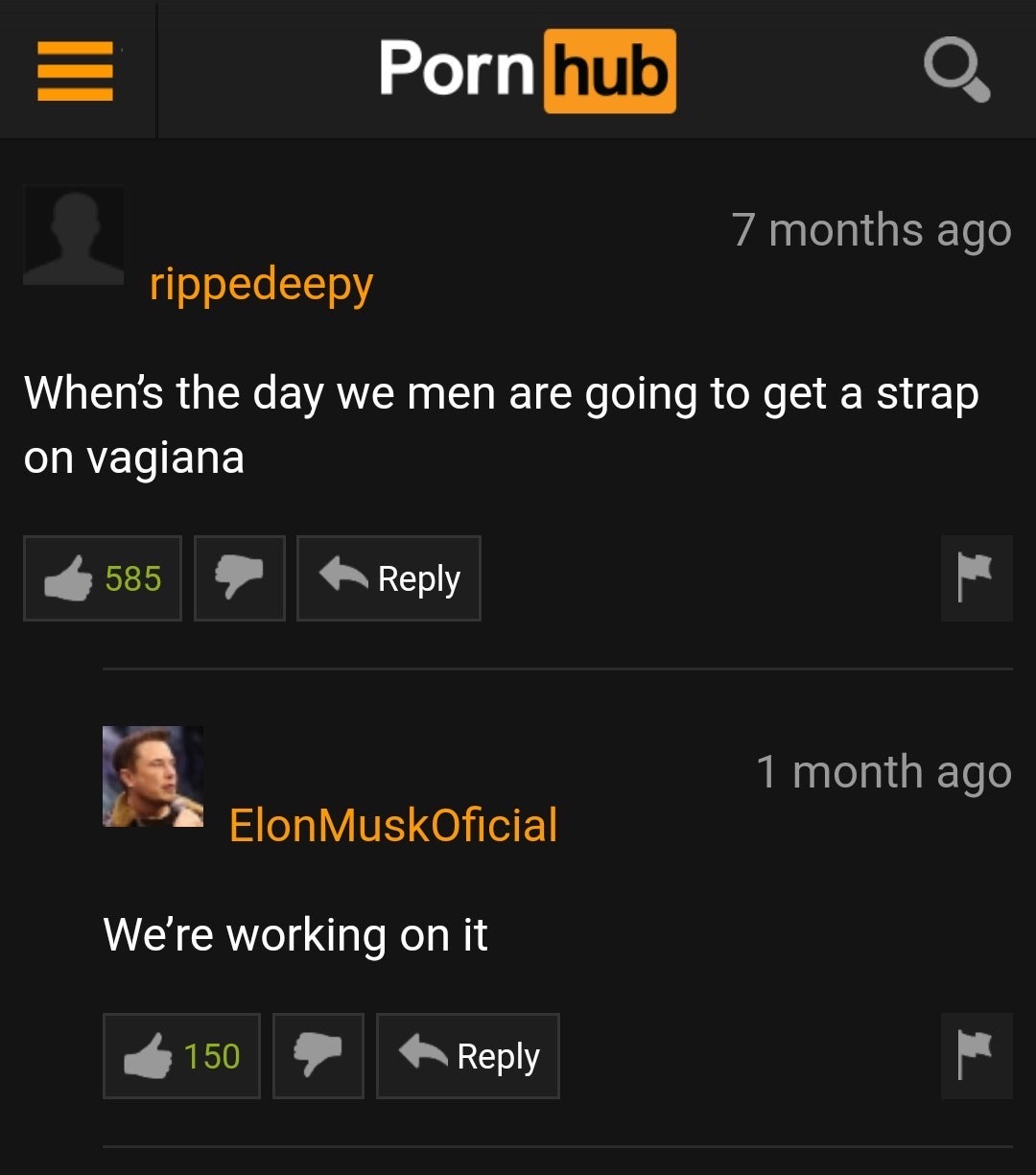 screenshot - Porn hub Q 7 months ago rippedeepy When's the day we men are going to get a strap on vagiana '1 month ago Elon MuskOficial We're working on it 150
