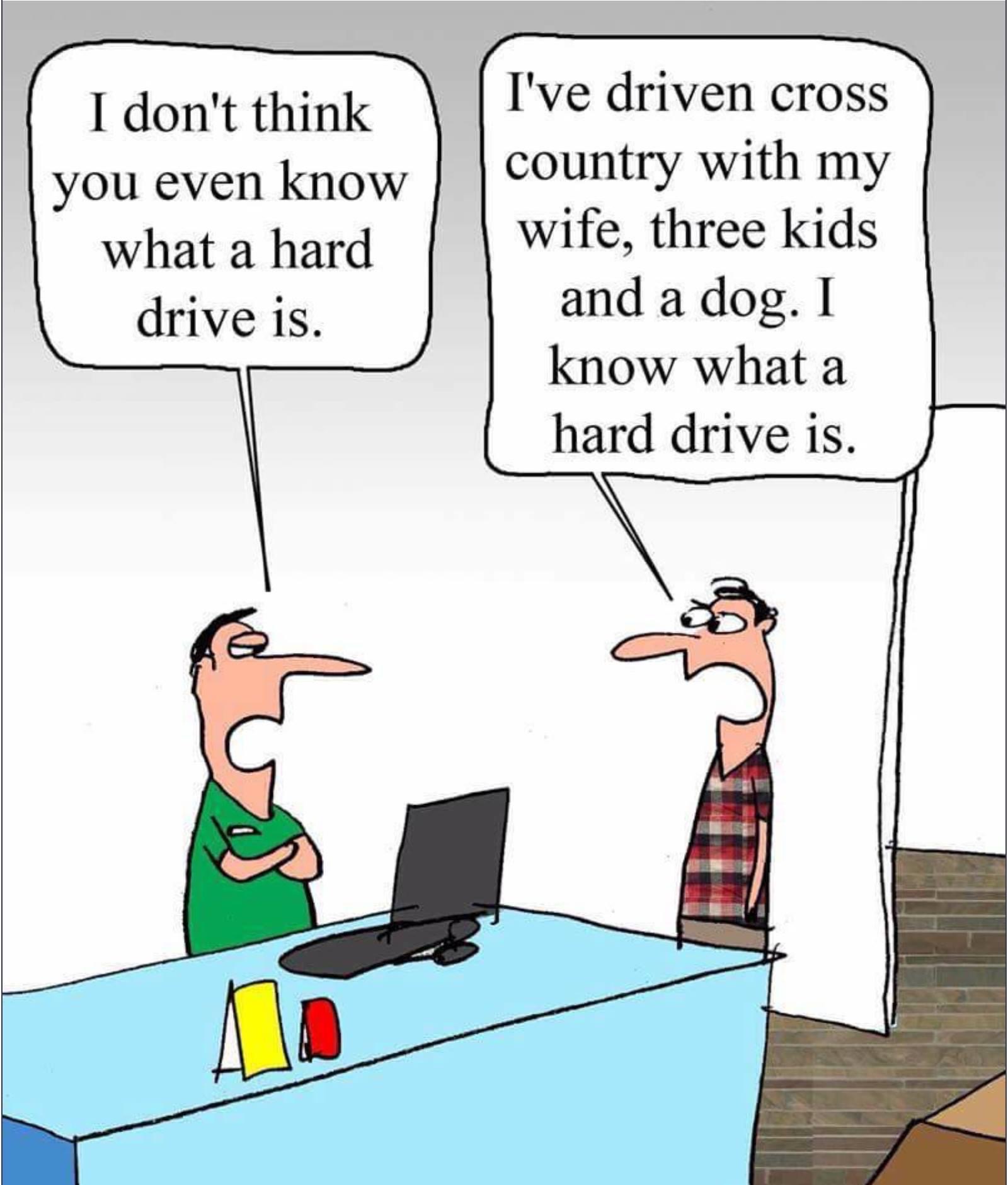 hard puns - I don't think you even know what a hard drive is. I've driven cross country with my wife, three kids and a dog. I know what a hard drive is.