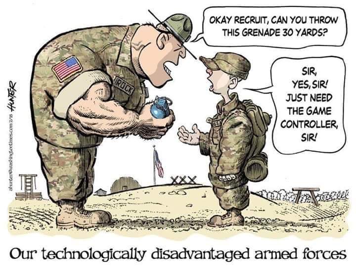 military political cartoons - Okay Recruit, Can You Throw This Grenade 30 Yards? ortimes.com 28 Hner Sir, Yes, Sir! Just Need The Game Controller Sir! unterw O Our technologically disadvantaged armed forces