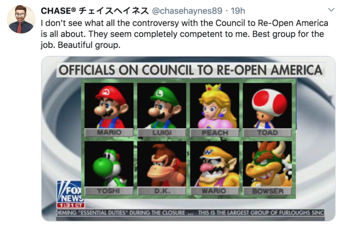 mario kart 64 characters - Chaseo 19h I don't see what all the controversy with the Council to ReOpen America is all about. They seem completely competent to me. Best group for the job. Beautiful group. Officials On Council To ReOpen America Luigi Peach T