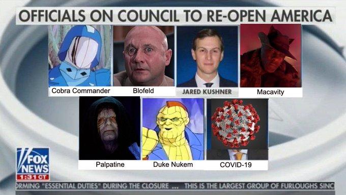 fox news - Officials On Council To ReOpen America Cobra Commander Blofeld Jared Kushner Macavity Palpatine Duke Nukem Vnews Covid19 131 Ct Drming "Essential Duties During The Closure... This Is The Largest Group Of Furloughs Sinc