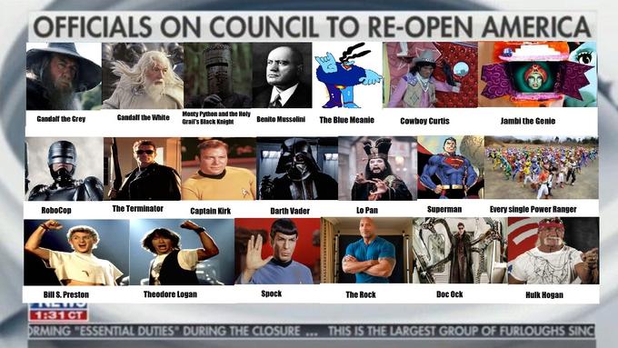 live long and prosper - Officials On Council To ReOpen America Gandalf the Grey Cantall the White Monty Python and the Holy Grail's Black Knigte Benito Mussolini The Blue Meanie Cowboy Curtis Jambi the Genie RoboCop The Terminator Captain Kirk Darth Vader