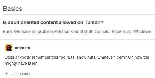 adult content - Basics Is adultoriented content allowed on Tumblr? Sure. We have no problem with that kind of stuff. Go nuts. Show nuts. Whatever. 2ontarom Does anybody remember this "go nuts, show nuts, whatever" gem? Oh how the mighty have fallen. Sourc