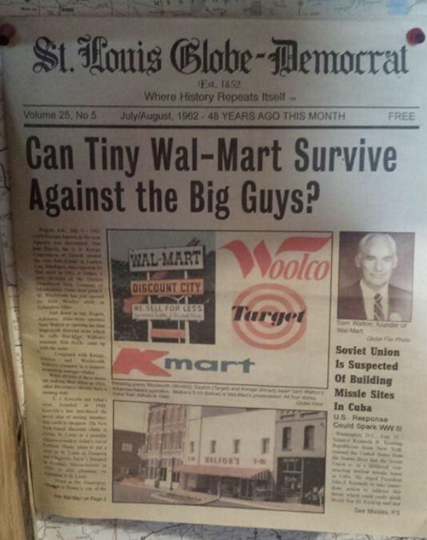 newspaper - $1. Louis GlobeDemocrat Est. 1852 Where History Repeats Itself July 48 Years Ago This Month Volume 25. No 5 Free Can Tiny WalMart Survive Against the Big Guys? WalMart voolco Discount City Y Nesel For Less Target mart Soviet Union Is Suspected
