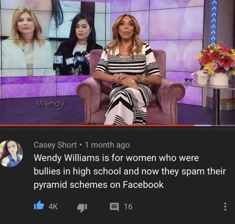 best roasts - television program - Wendy Celet Casey Short . 1 month ago Wendy Williams is for women who were bullies in high school and now they spam their pyramid schemes on Facebook it 4K J E 16