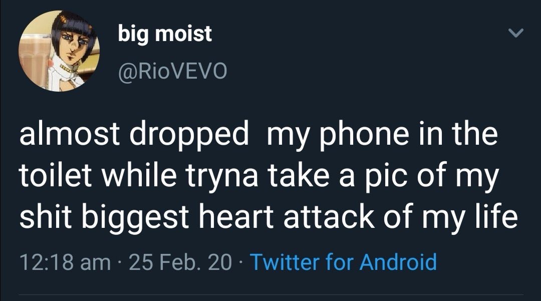 big moist almost dropped my phone in the toilet while tryna take a pic of my shit biggest heart attack of my life 25 Feb. 20 Twitter for Android