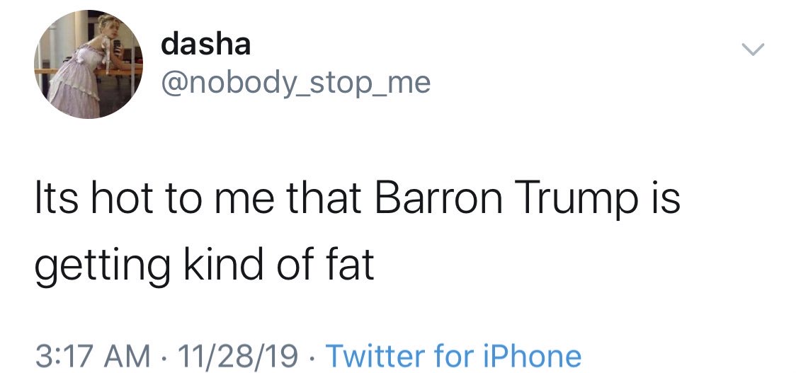 funny twitter roasts - dasha Its hot to me that Barron Trump is getting kind of fat 112819 Twitter for iPhone