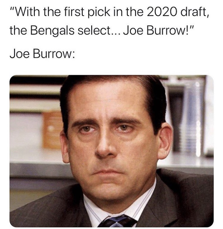 property brothers meme - "With the first pick in the 2020 draft, the Bengals select... Joe Burrow!" Joe Burrow