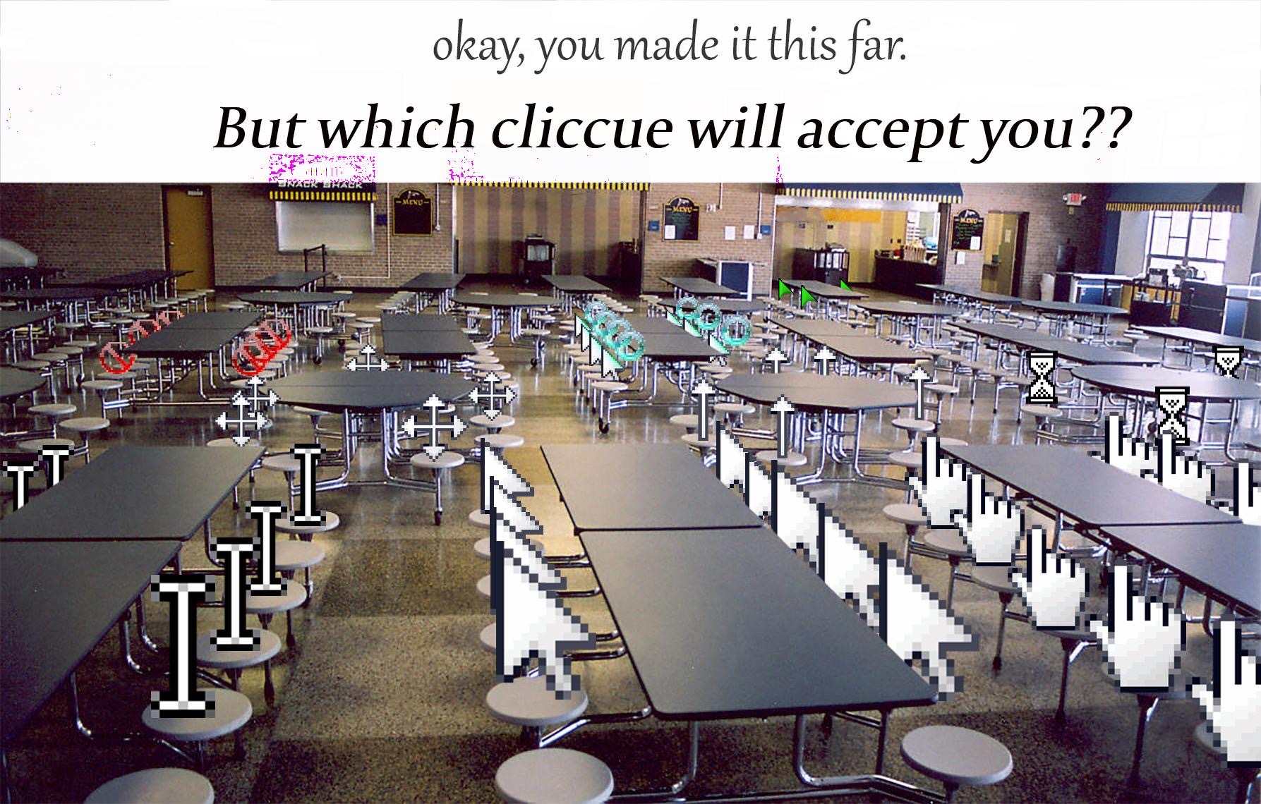 cafeteria - okay, you made it this far. But which cliccue will accept you??
