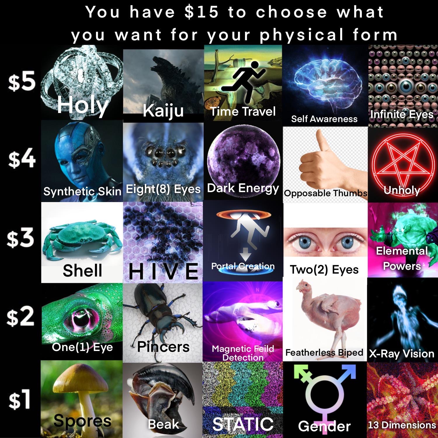 collage - You have $15 to choose what you want for your physical form Kaiju Time Travel Self Awareness Infinite Eyes $4 Synthetic Skin Eight8 Eyes Dark Energy Opposable Thumbs Unholy Elemental Powers Shell H Ive Portal Creation Two2 Eyes One1 Eye Pincers 
