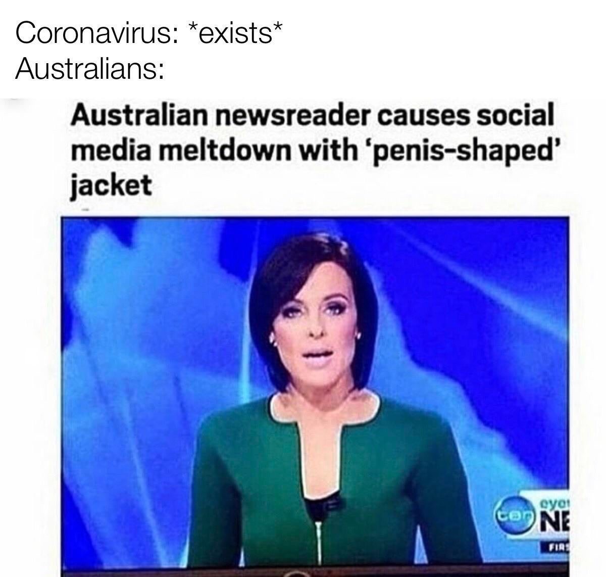 australian news presenter jacket penis - Coronavirus exists Australians Australian newsreader causes social media meltdown with 'penisshaped jacket oyot Cone Fire